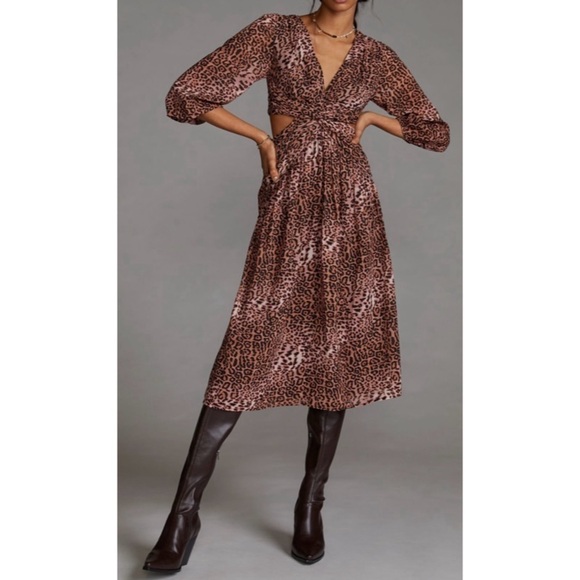 NEW ANTHROPOLOGIE RANNA GILL Leopard Print Cutout Midi Dress